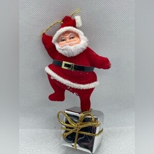 Vintage Santa Balancing On Christmas Gift Package Ornament Fuzzy Velour Rare HTF